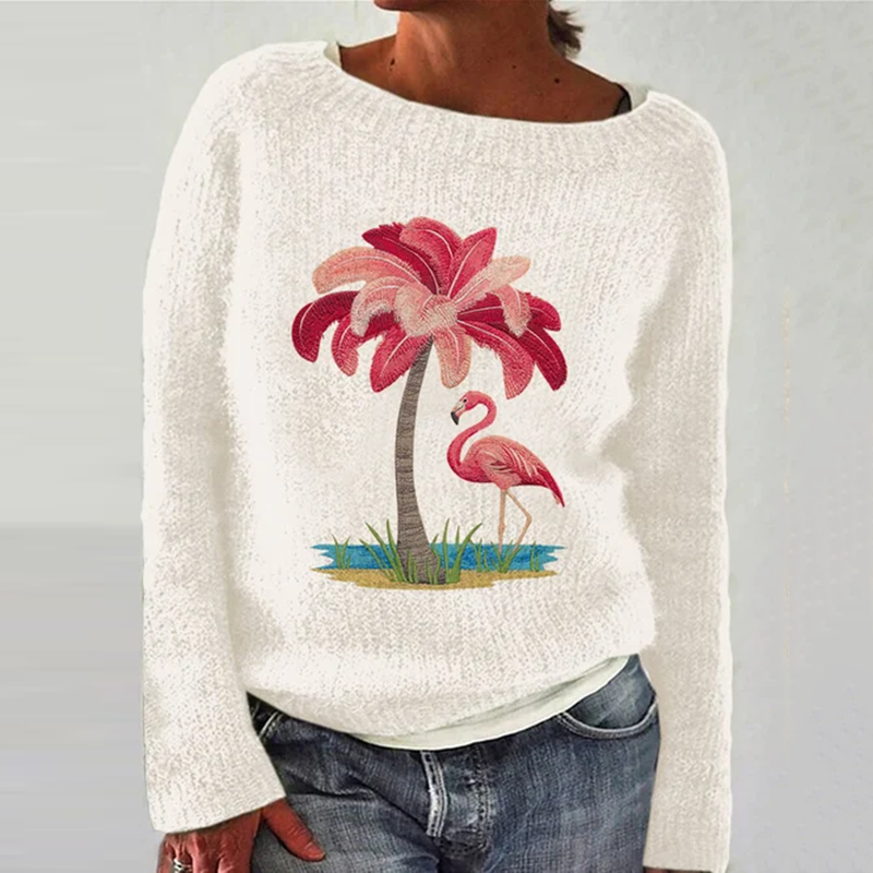 Retro Geometric Coconut Palm Flamingo Jacquard Iceland Sweater
