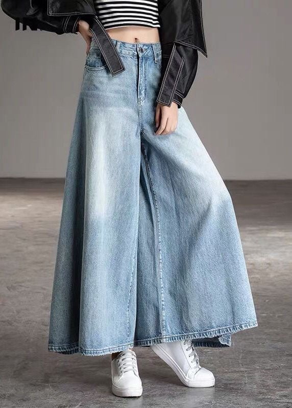 DIY Light Blue fashion Pockets Casual Wide Leg Fall Denim Pants CK1282- Fabulory