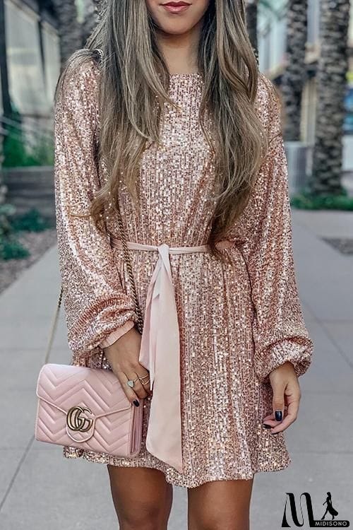 MidiSono - Sequin Belted Long Sleeve Mini Dress