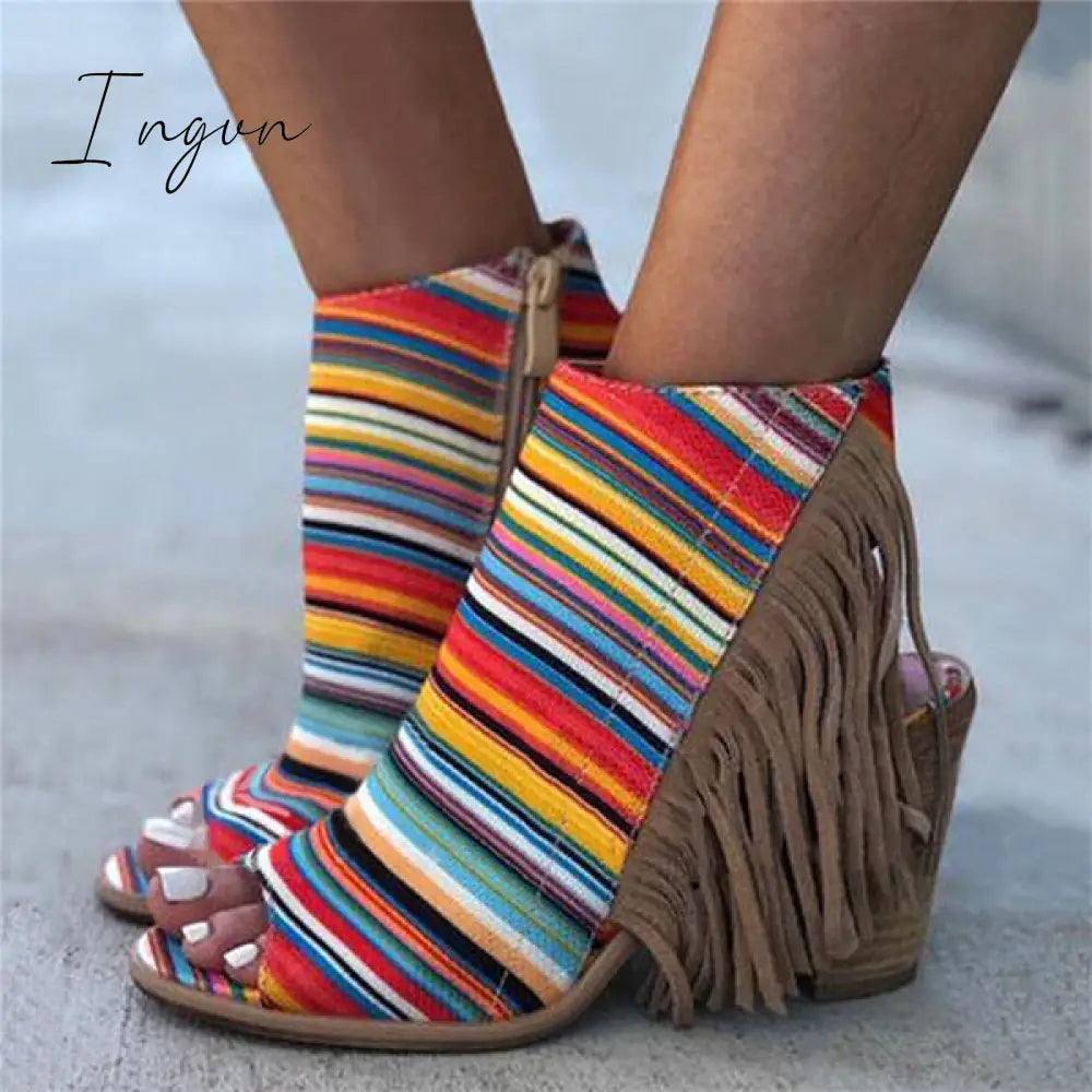 Ingvn - Peep Toe Chunky Heel Zipper Stripe Sandals Multicolor / 5
