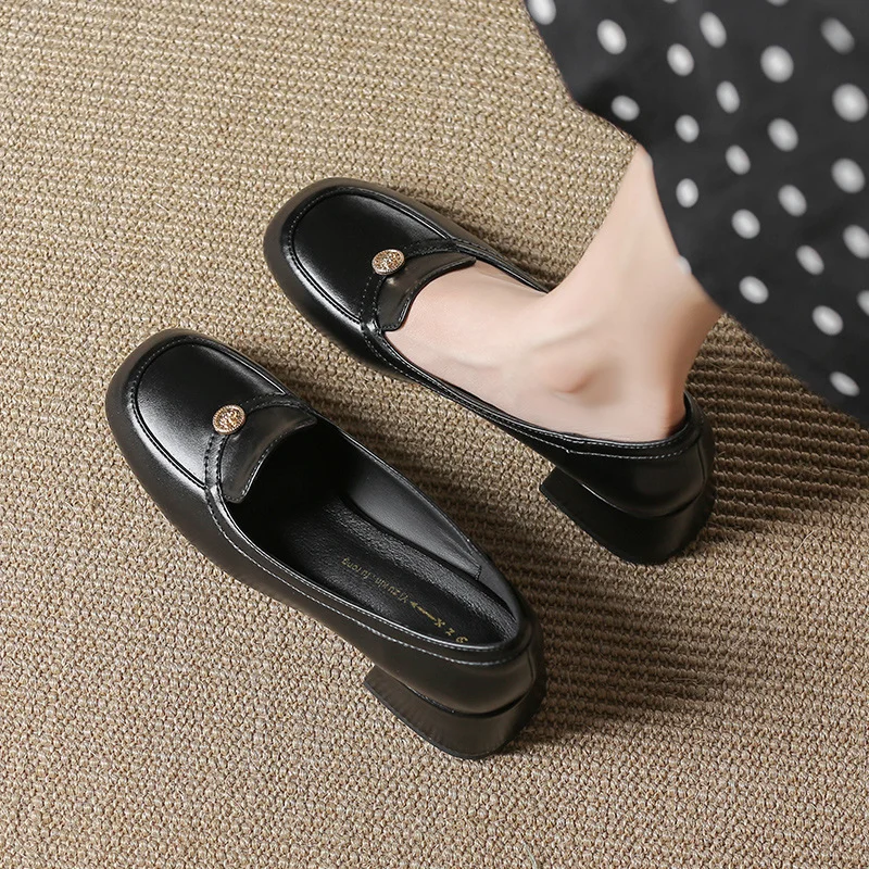 Tanguoant Tanguoant New Shallow Mouth Thick Heel Professional Single Shoes Women's Black Soft Leather Working Shoes Square Head Low Heel Mary Jane Single Shoes