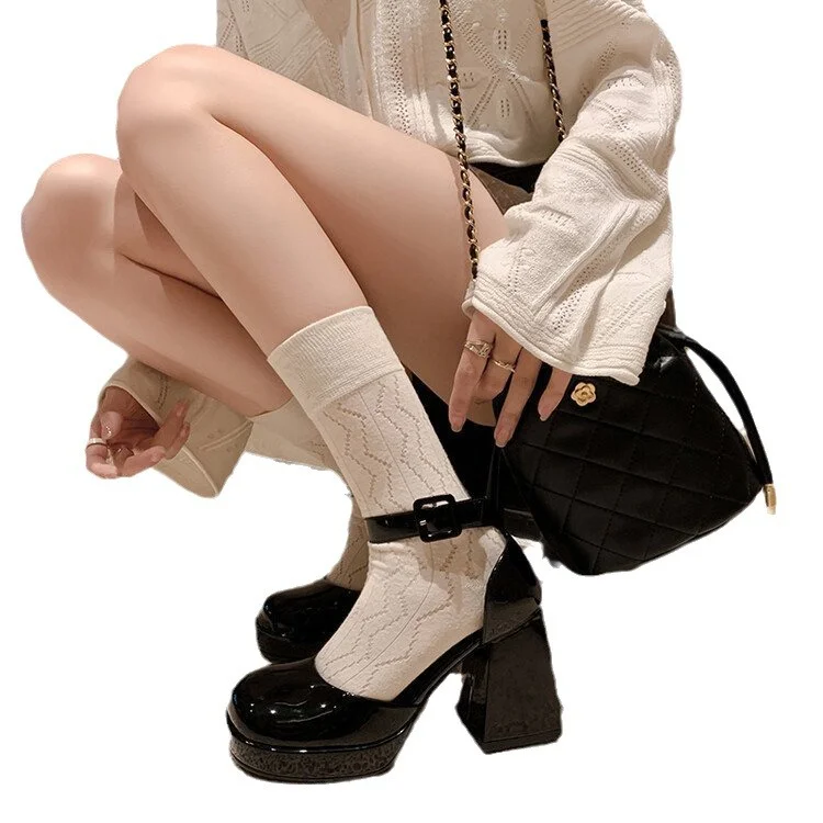 Yyvonne Spring And Summer Barbie Powder Single Shoe Waterproof Table With Baotou Thick Heeled Mary Jane Head High Heels