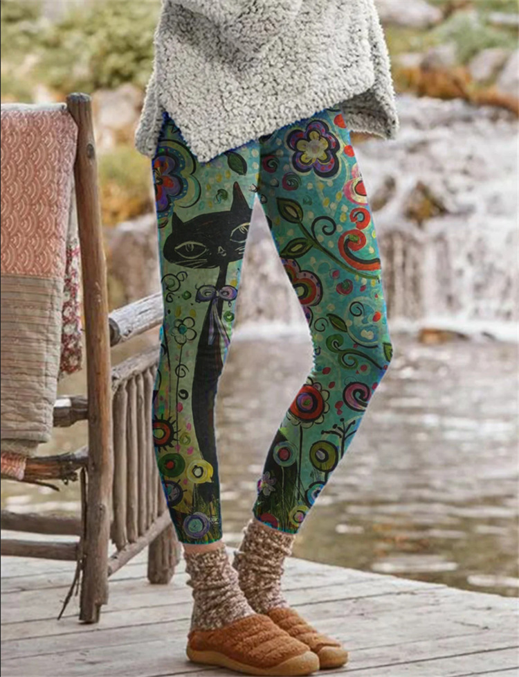 Women's Fashion Brushed Print Slim Fit Slim Boots Pants