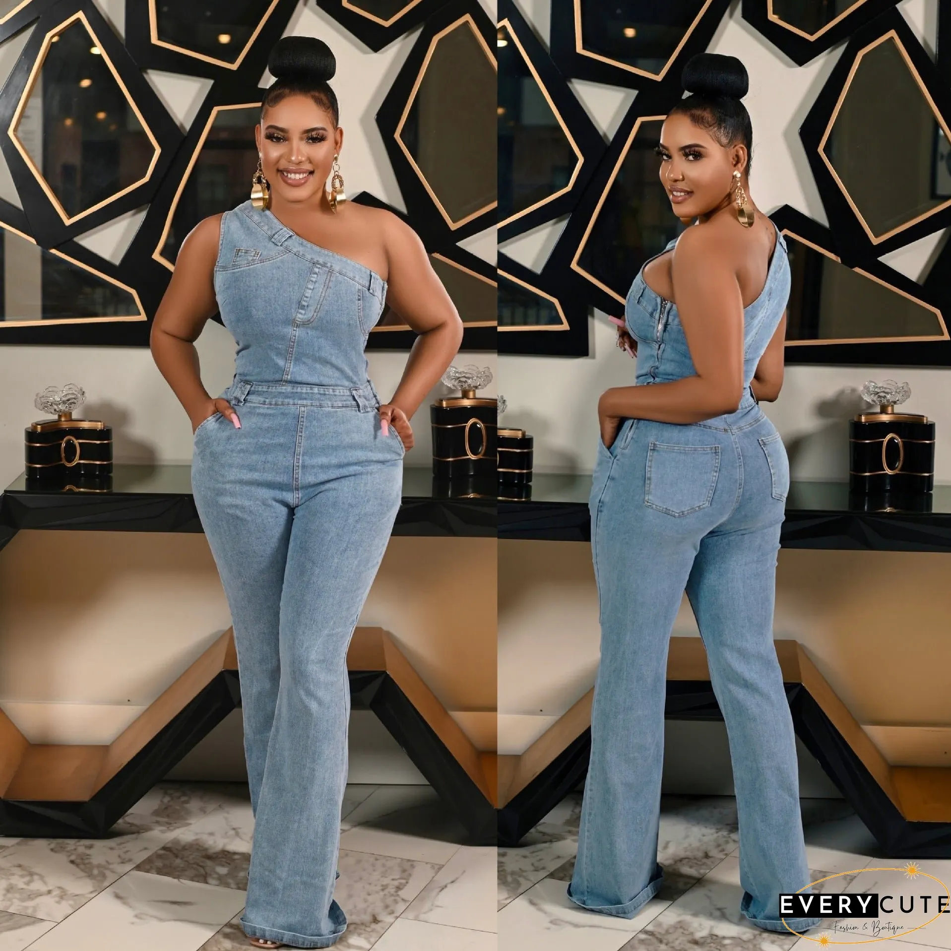 Slant Shoulder Tight Waist Slim Elastic Wash Jumpsuits