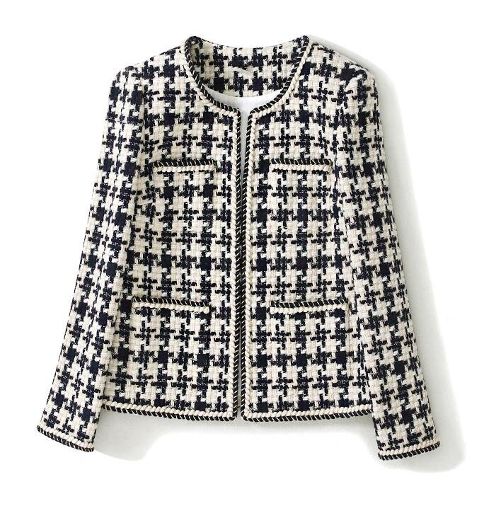 Tweed jacket Dark blue Plaid spring / autumn / winter women's jacket lapel long sleeve Business ladies one piece jacket coat