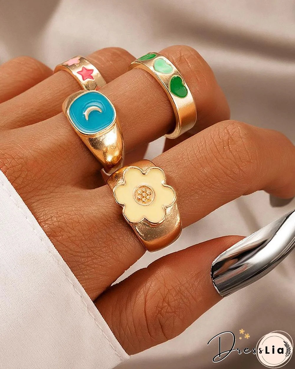 4PCS Floral & Star & Heart & Moon Pattern Ring Set