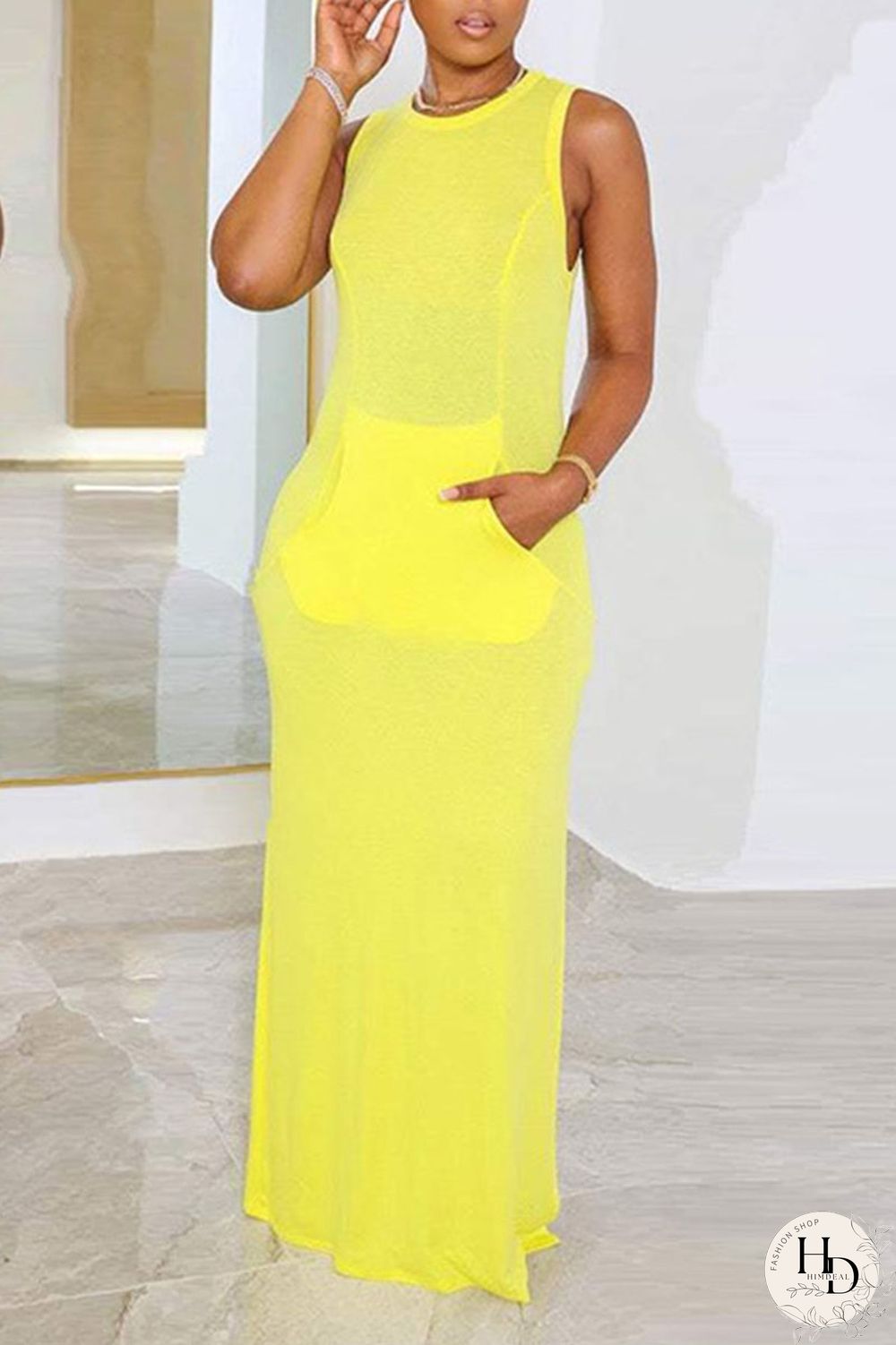 Yellow Casual Solid Patchwork Pocket Slit O Neck One Step Skirt Dresses