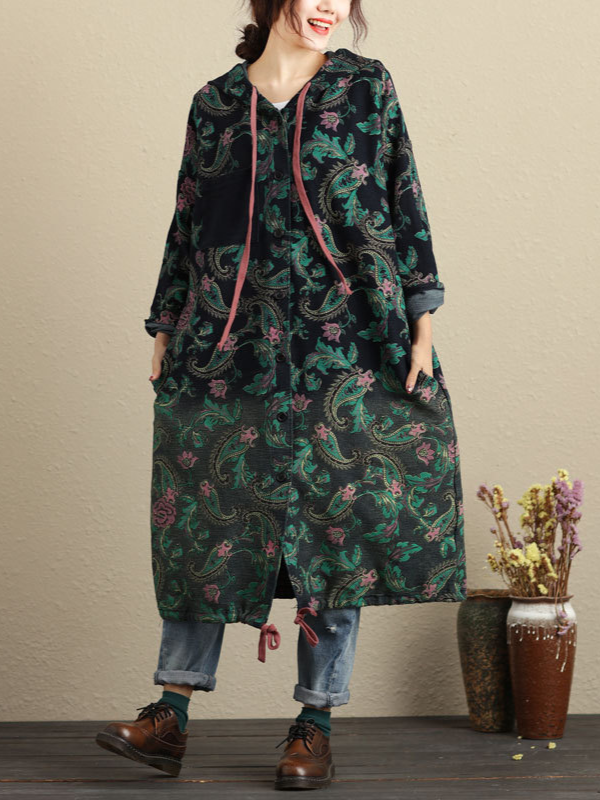 Women's Tribal Floral Pattern Long Loose Cardigan with Hoode OverSize
