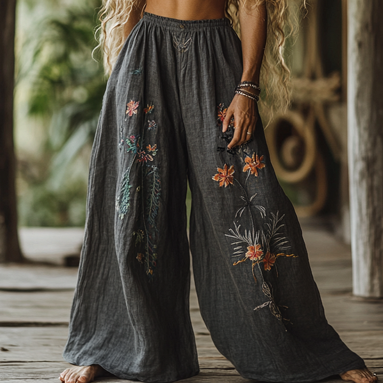 Utbros Vintage Bohemian Resort Floral Art Printed Cotton Linen Wide Leg Pants