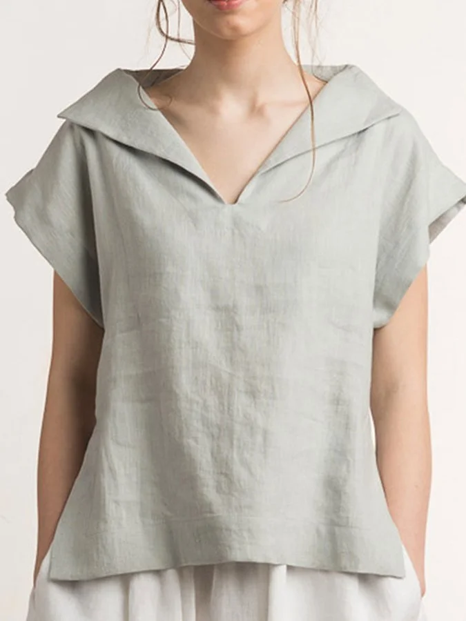 Ladies Cotton Linen V-Neck Simple Shirt-mysite