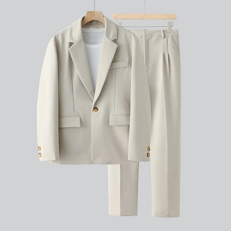 Inongge Beige Suit Men Fashion Society Men Dress Suit Korean Loose Casual Blazer/Pants Two Piece Set Mens Office Formal Suit M-3XL