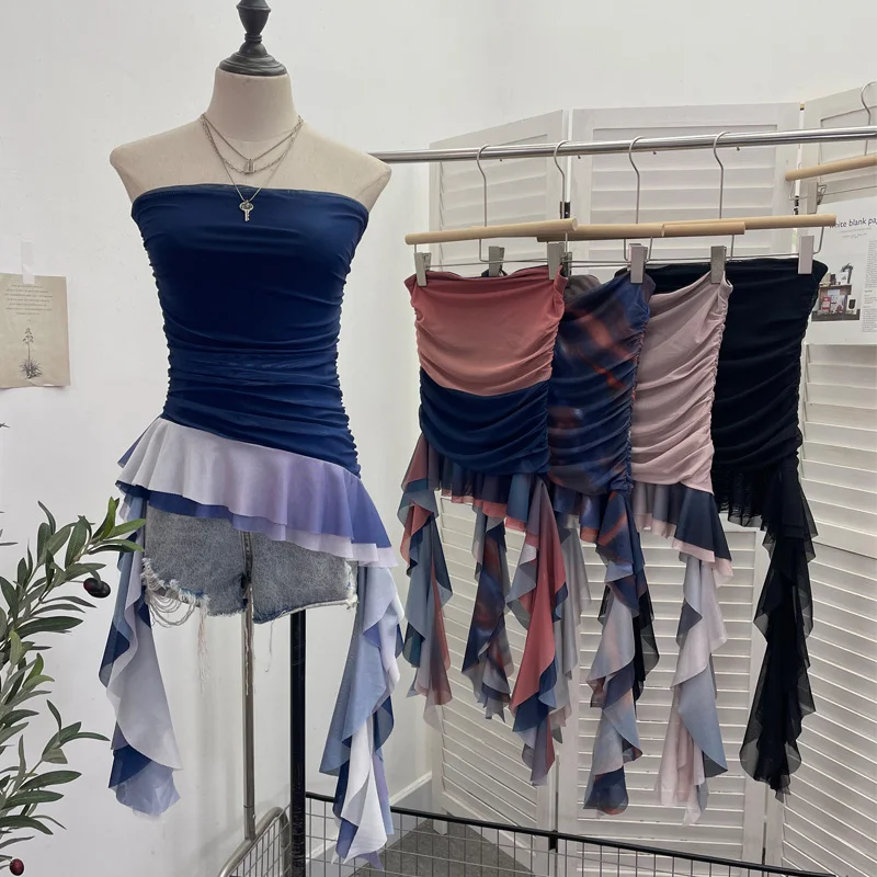 Uveng Irregular Bra Vest Wearing A Gradient Mesh Yarn Leaf Side Ribbon Bottom Sleeveless Top Lady 9931