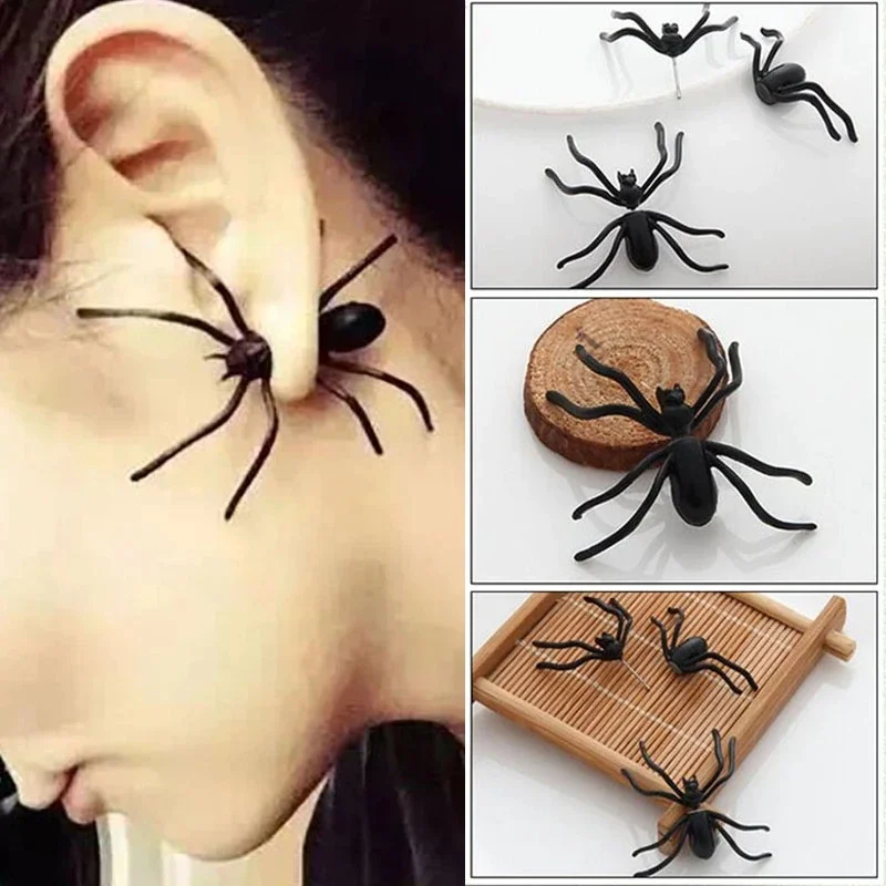 Creepy Black Spider Ear Stud Earrings For Haloween Party