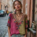 Women's Vintage Bohemian Floral Embroidery Art V-neck Linen Blend T-shirt - Image 2