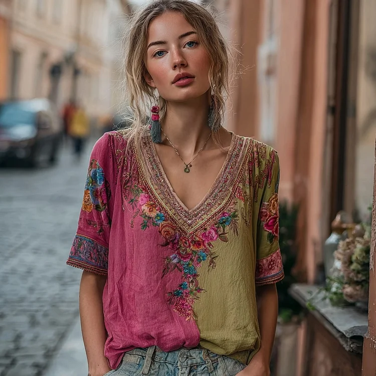 Women's Vintage Bohemian Floral Embroidery Art V-neck Linen Blend T-shirt
