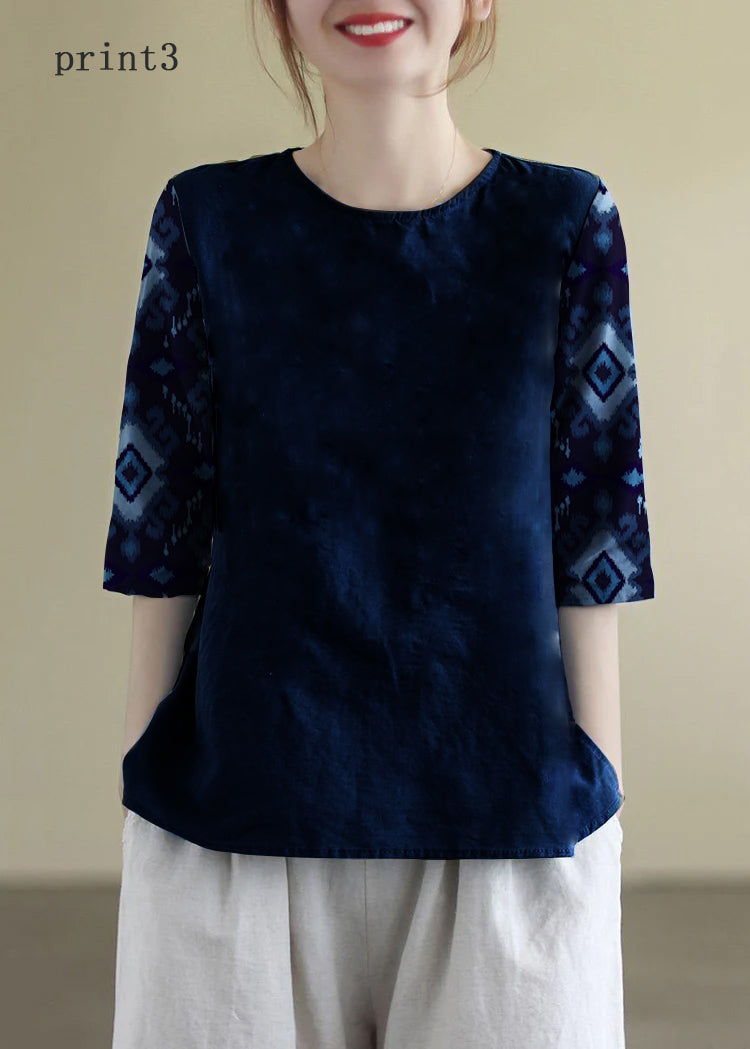 VCSHOES Print3 O-Neck Embroideried Cotton Blouses Half Sleeve