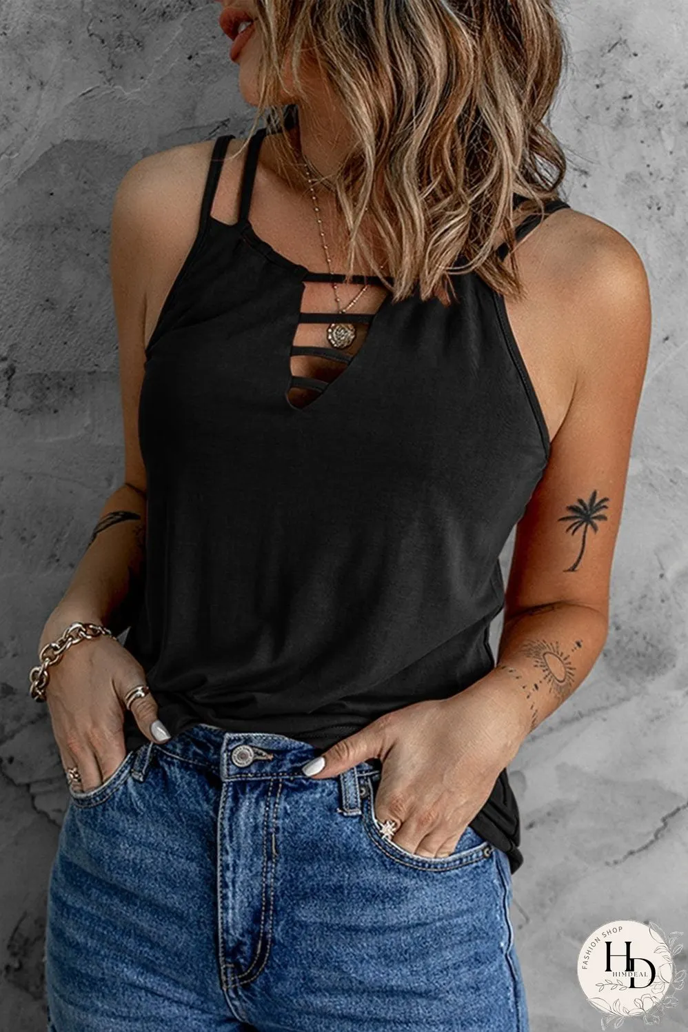 Black Lace-Up Hollow-out Tank Top