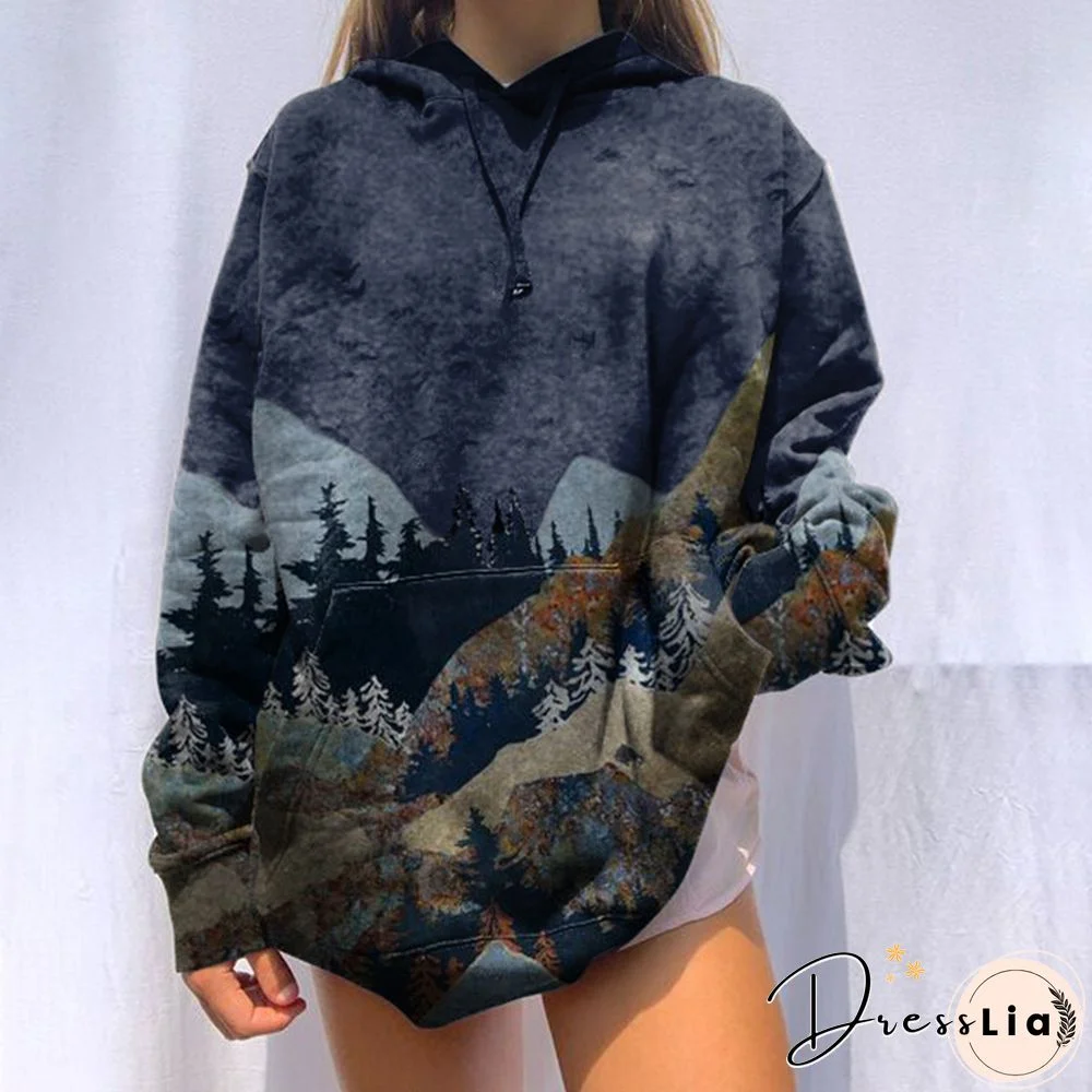 Ladies Mountain Treetop Print Hooded Sweatshirt