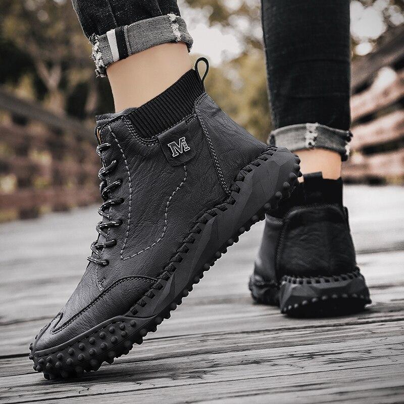 Men Ankle Boots Winter Warm Snow Boots Thick Plush Men Handmade Leather Boots Outdoor Waterproof Work Boots shopify Stunahome.com