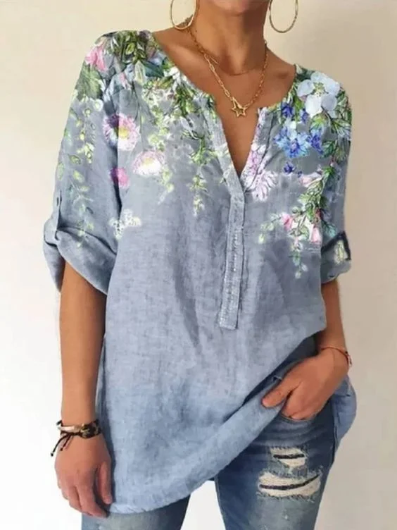 New women's blouse loose printing V-neck long-sleeved shirt socialshop
