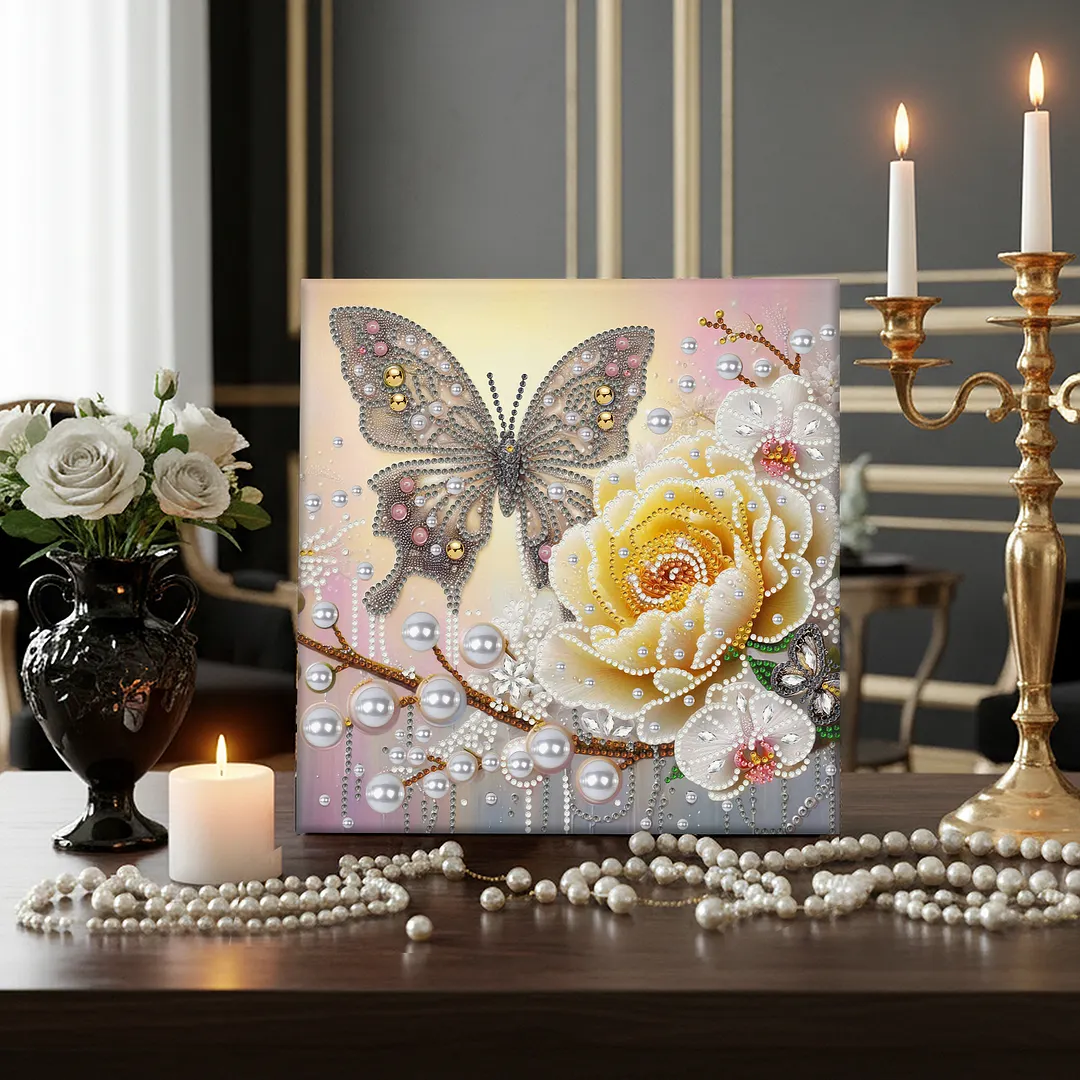 Yellow Butterfly DIY Special Shape Drill Diamond Art Pearl Painting Kit with Frame 25x25cm Art Craft Pearl Diamond Painting for Adults Beginners Home Decor