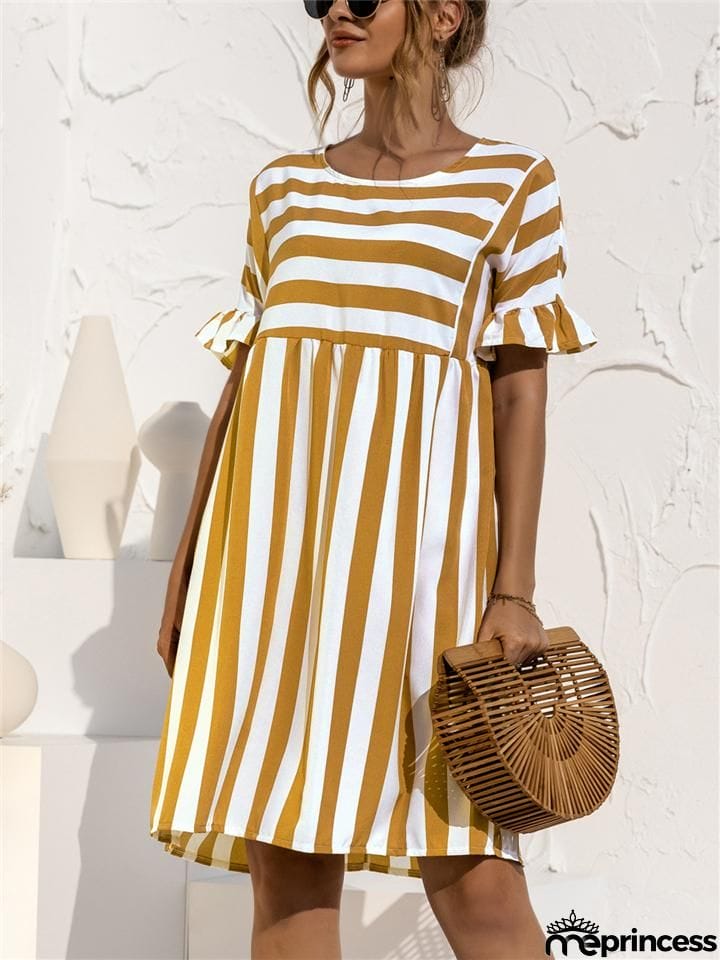 Relaxed Fit Round Neck Striped Ruffled Short Sleeve Flare Midi Dress