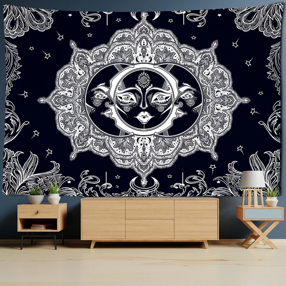 White Black Colorful Sun Moon Mandala Tapestry Wall Hanging Celestial Wall Tapestry Hippie Wall Carpets Dorm Decor Wall Tapestr