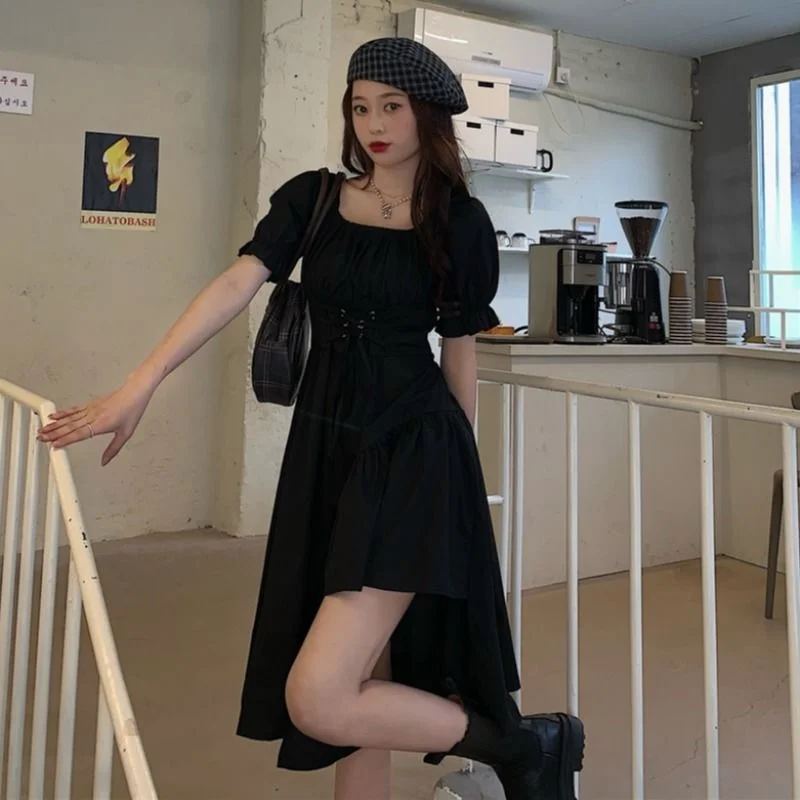 Goth Vintage Dress Women Ruffles Puff sleeve Dresses Solid color Black White Bandage Tunic Dress Off shoulder Party