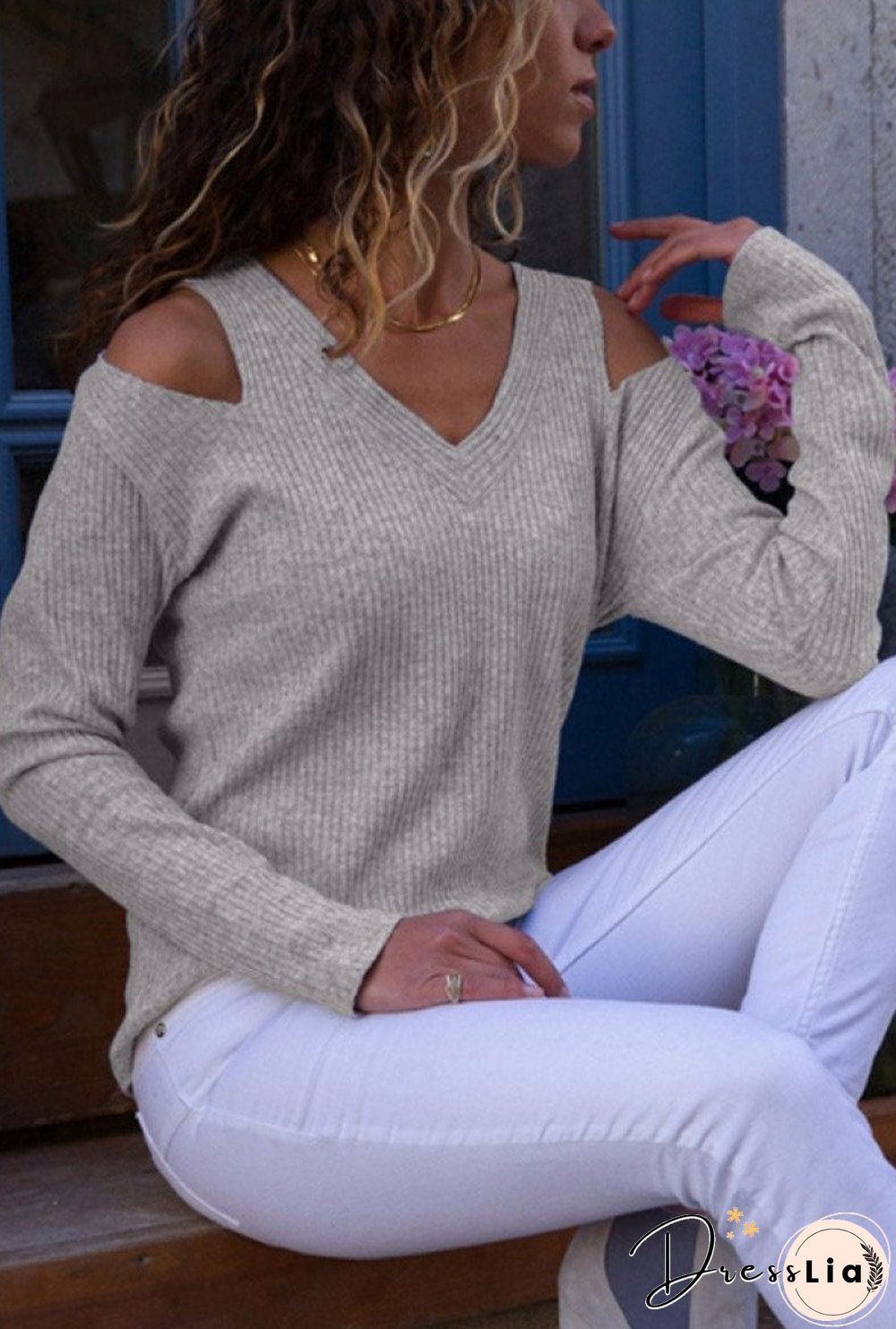 V Neck Cutout Plain Sweaters