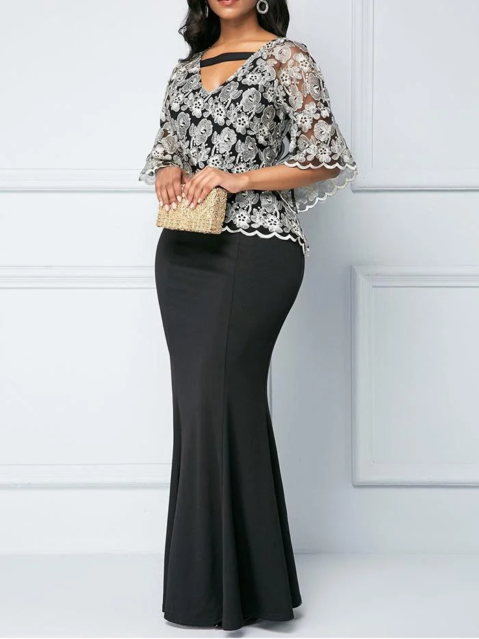 Lace Patch V-neck Slim Wrap Hip Fishtail Dress