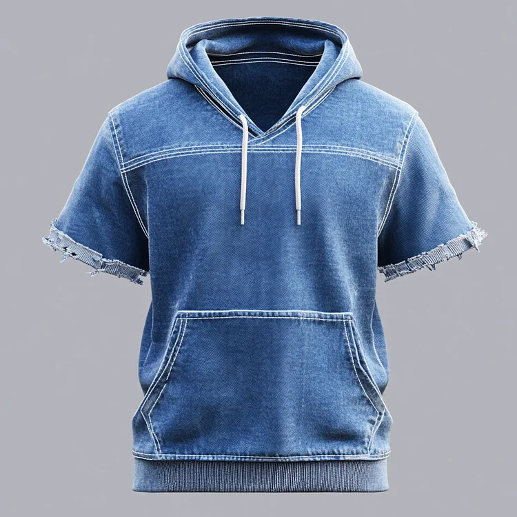 Men's Raw Edge Short Sleeve Pocket Drawstring Denim Hoodie