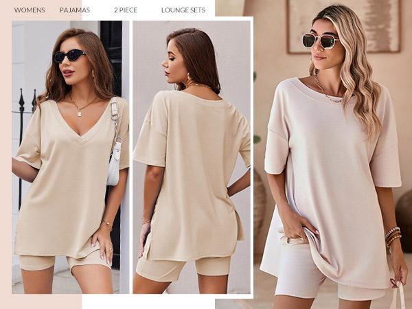 EKOUAER V-neck comfort Two-Piece Pajama Set For Women Summer Casual  Split Hem Shirts & Biker Shorts Minimalist Lounge Wear Soft Homewear Cozy Pjs Clothes Comfy