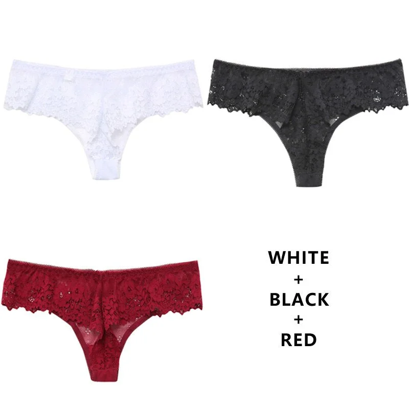 Meet'r 3Pcs/Lot Women Sexy Lace Lingerie Temptation Low-Waist Panties Embroidery Underwear Female Thong Transparent G String