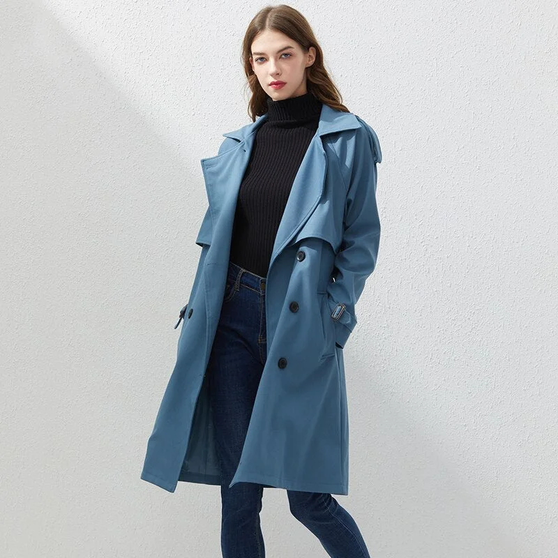 Fitaylor Spring Autumn Double Breasted Long Trench Lapel Jacket Women Vintage Belt Coat Cloak Windbreaker Outwear Blue Parkers