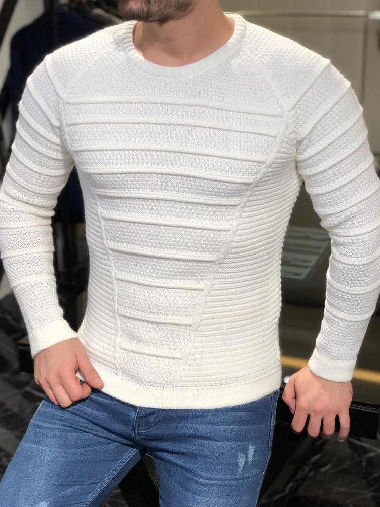 Solid Striped Pleated Rib Knit Sweater