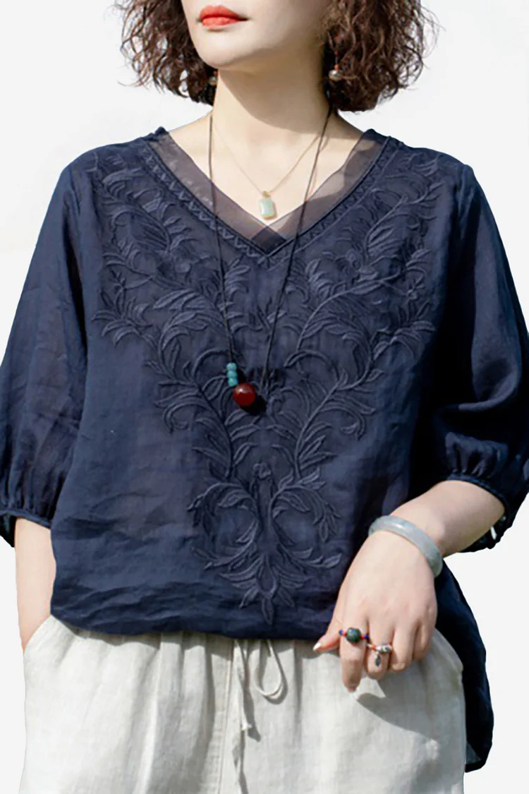 Linen V Neck Half Sleeve Embroidery Blouse