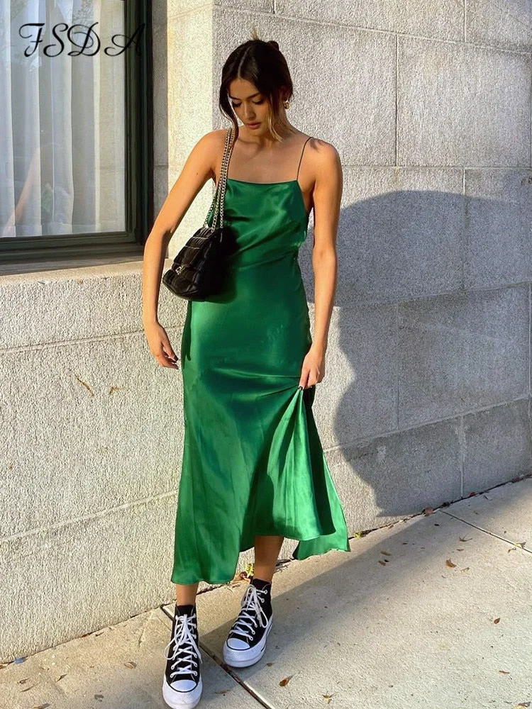 FSDA 2021 Midi Green Satin Backless Dresses Women Sleeveless Off Shoulder Club Sexy Bodycon Dress Party Summer Outfits