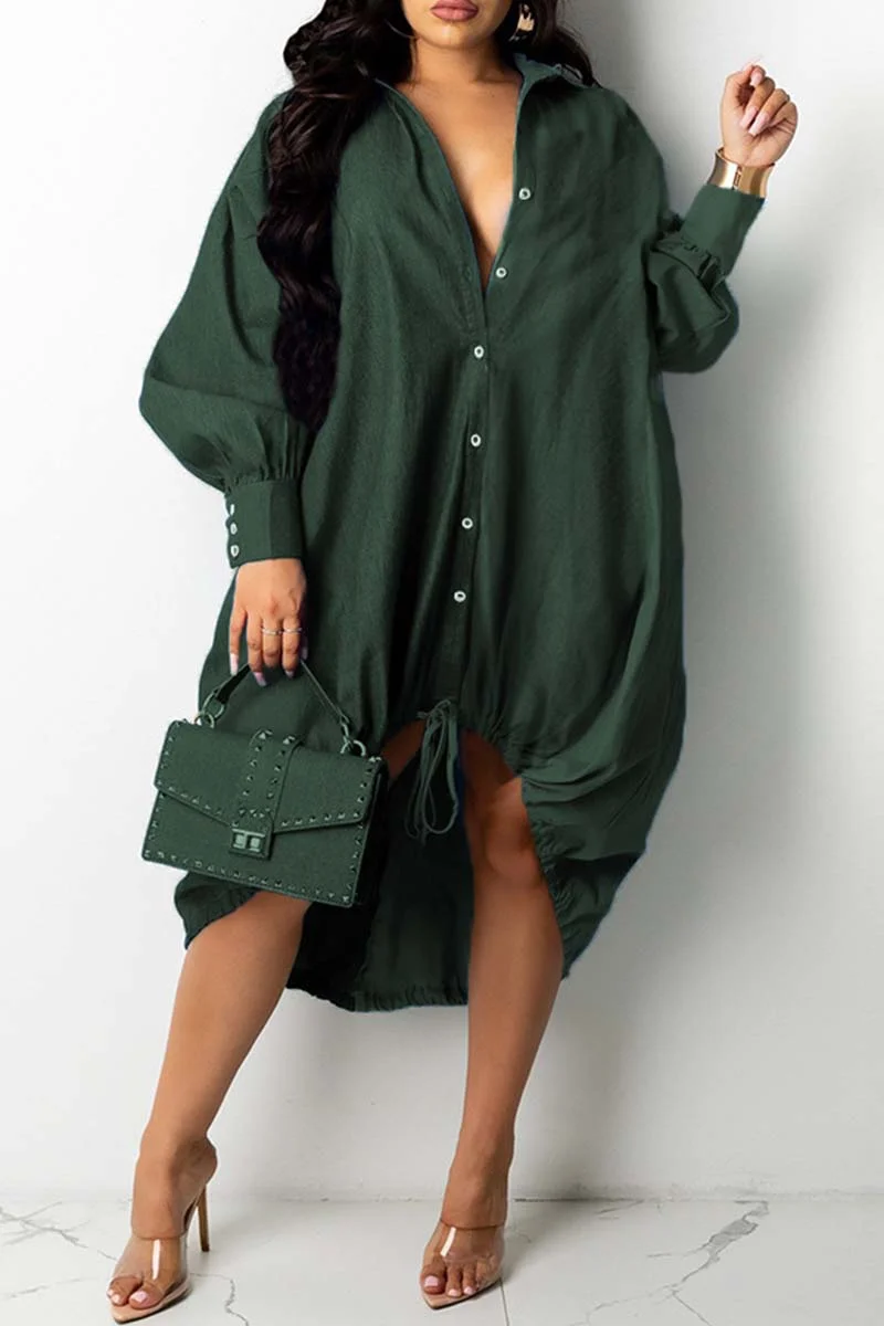 Green Fashion Casual Patchwork Basic Turndown Collar Long Sleeve Dresses | EGEMISS