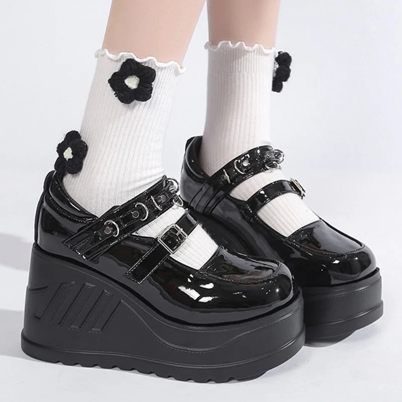 Vstacam Gothic Chunky Platform Wedge Pumps Women Black Patent Leather Buckle Strap Y2K Shoes Woman Thick Bottom Mary Janes Cosplay Shoes
