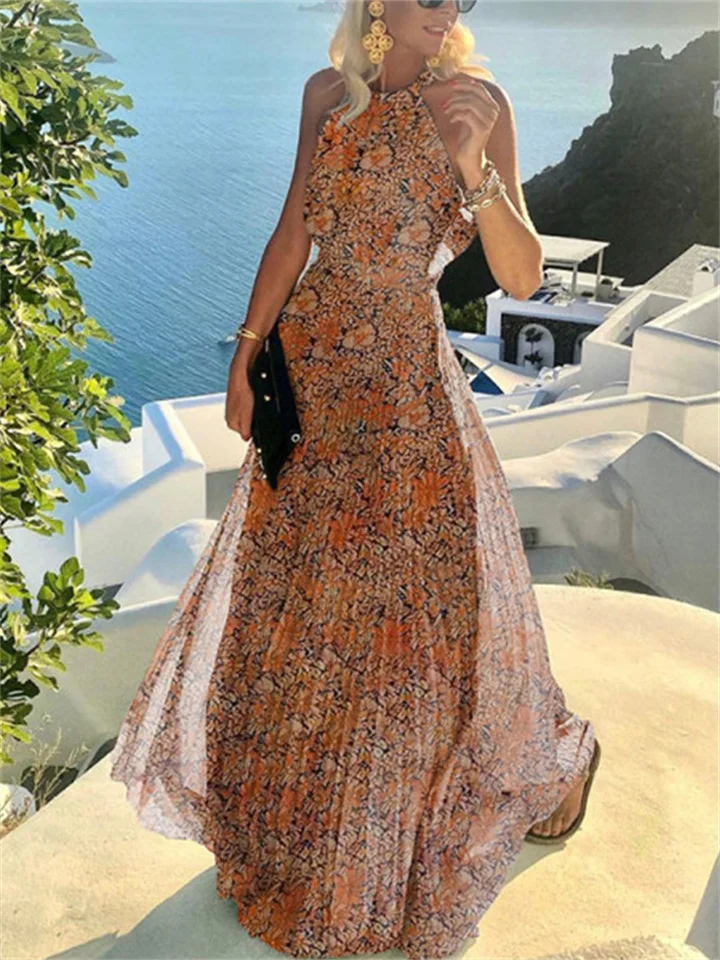 Women's Casual Dress Swing Dress Polka Dot Dress Long Dress Maxi Dress Green Black Blue Sleeveless Polka Dot Print Spring Summer Halter Neck Gothic Daily 2022 S M L XL