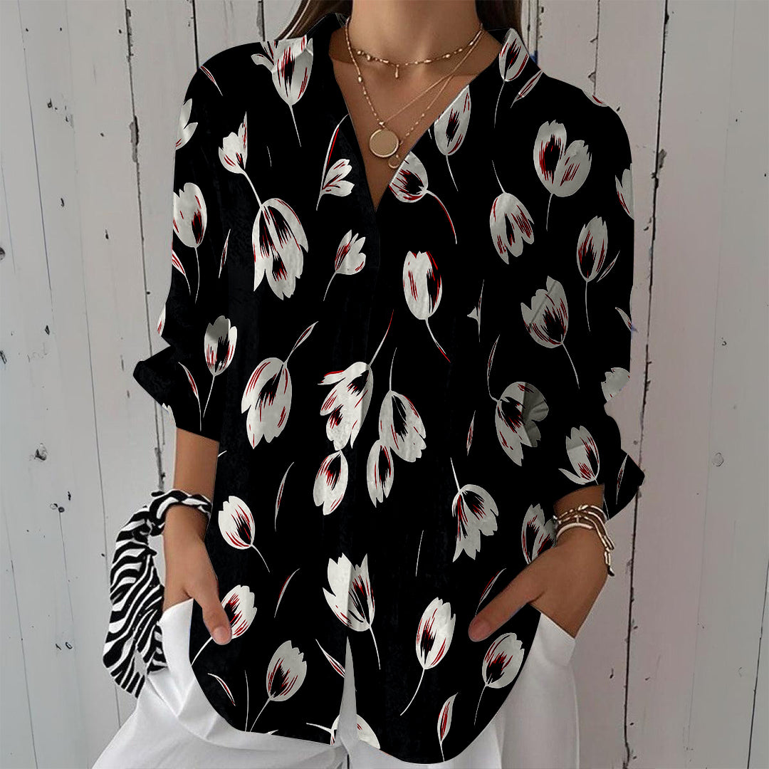 Women Long Sleeve V-neck Graphic Floral Printed Top