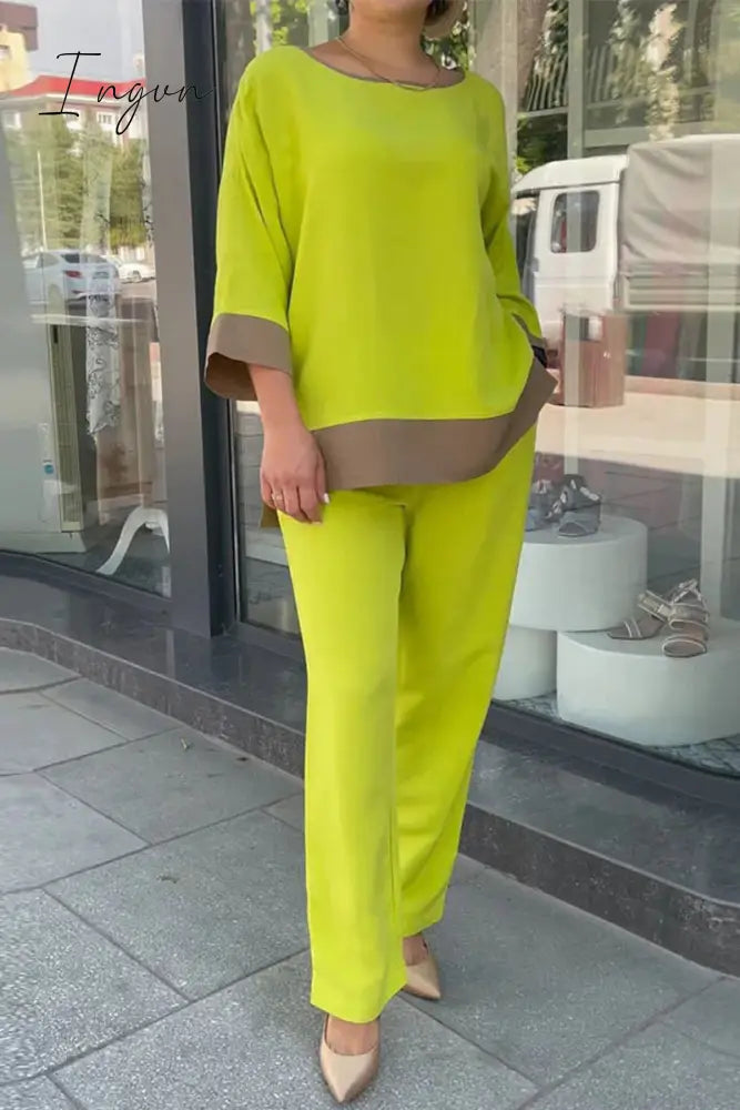 Ingvn - Street Simplicity Color Block Pocket Contrast O Neck Nine Points Sleeve Two Pieces Yellow /