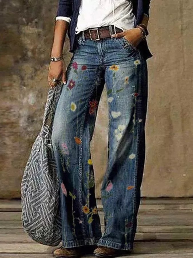 Women's Casual Flower Print Jeans