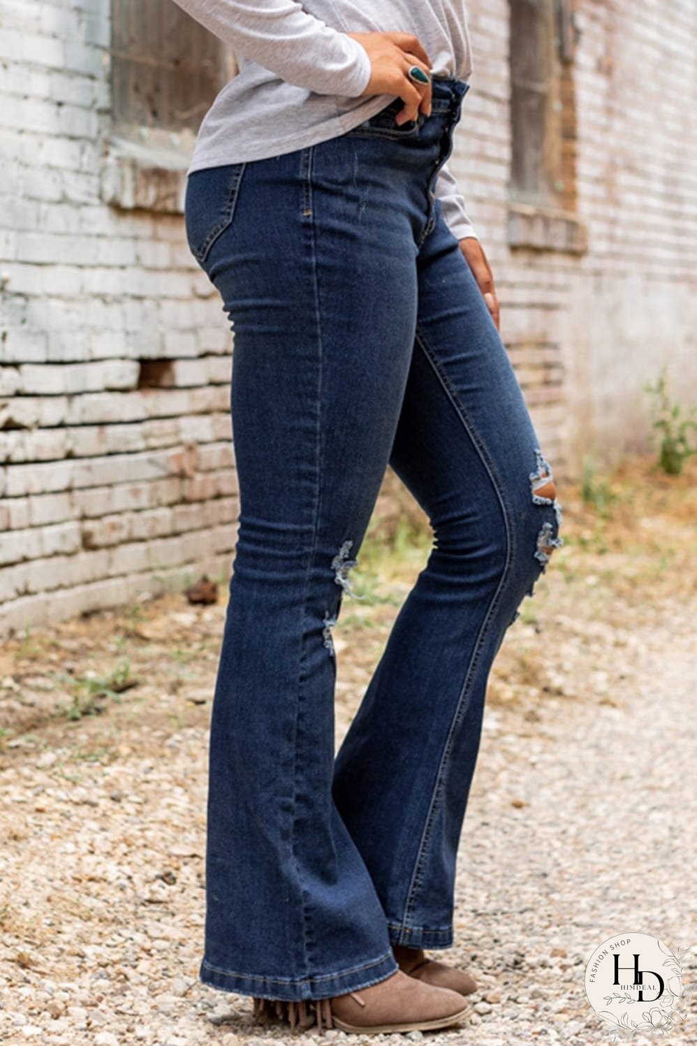 Distressed Dark Wash Flare Jeans with Wild West Graphic
