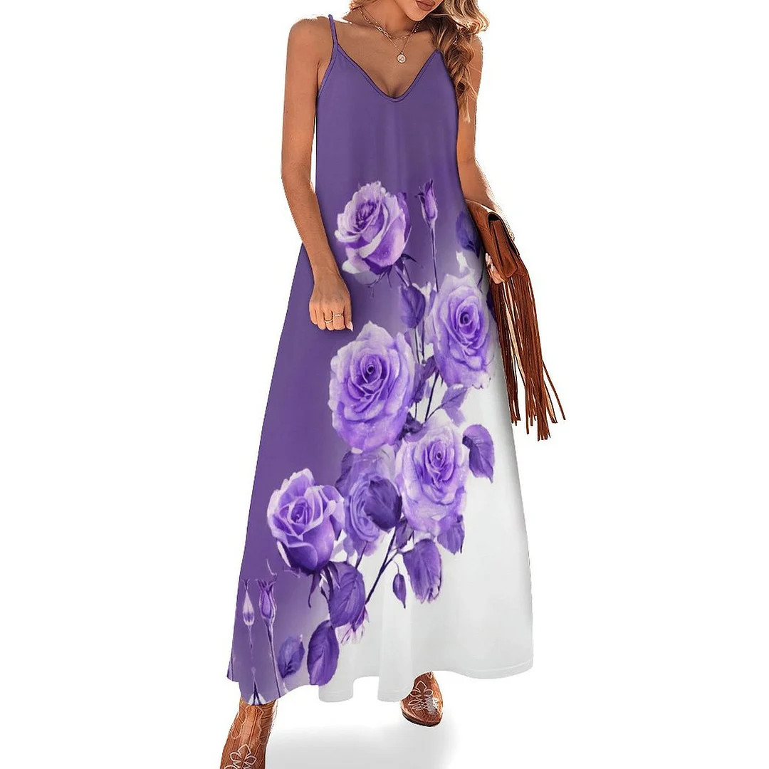Style & Comfort for Mature Women Plus Size Printed Sling Casual Women Maxi Dress in Pattern Purple, Rose, White