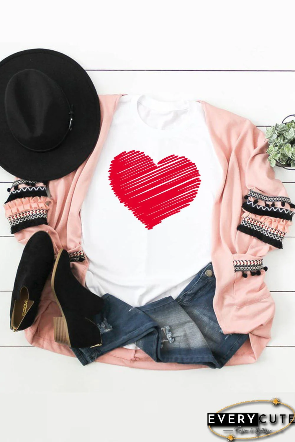 White Valentine Heart-shaped Print Short Sleeve Top