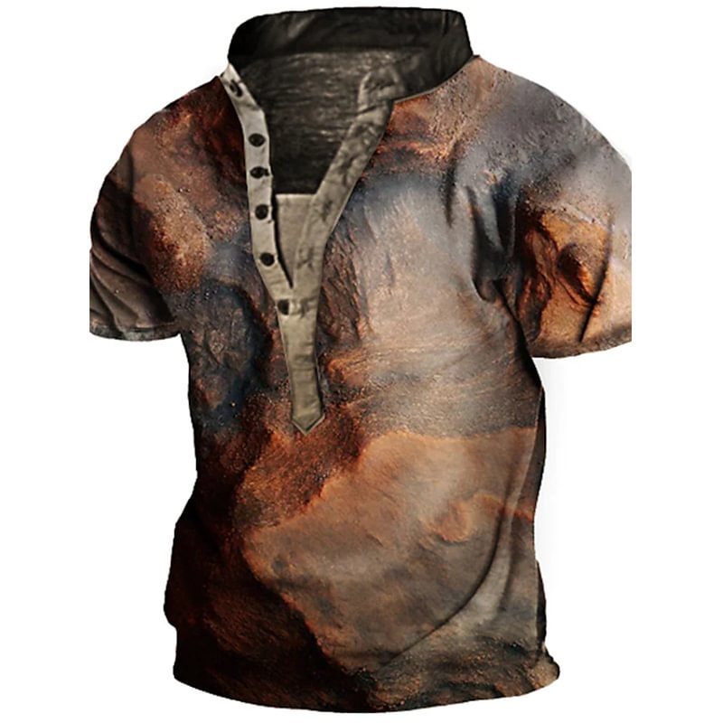 Men's Retro 3D Print Graphic Mountain Henley T shirt 