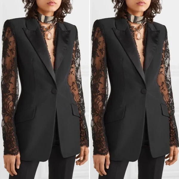 VONDA Women Long Sleeve Lapel Office Formal Coat Jackets Lace Patchwork Single Breasted Suit Blazers Outwear Veste Femme Plus Size