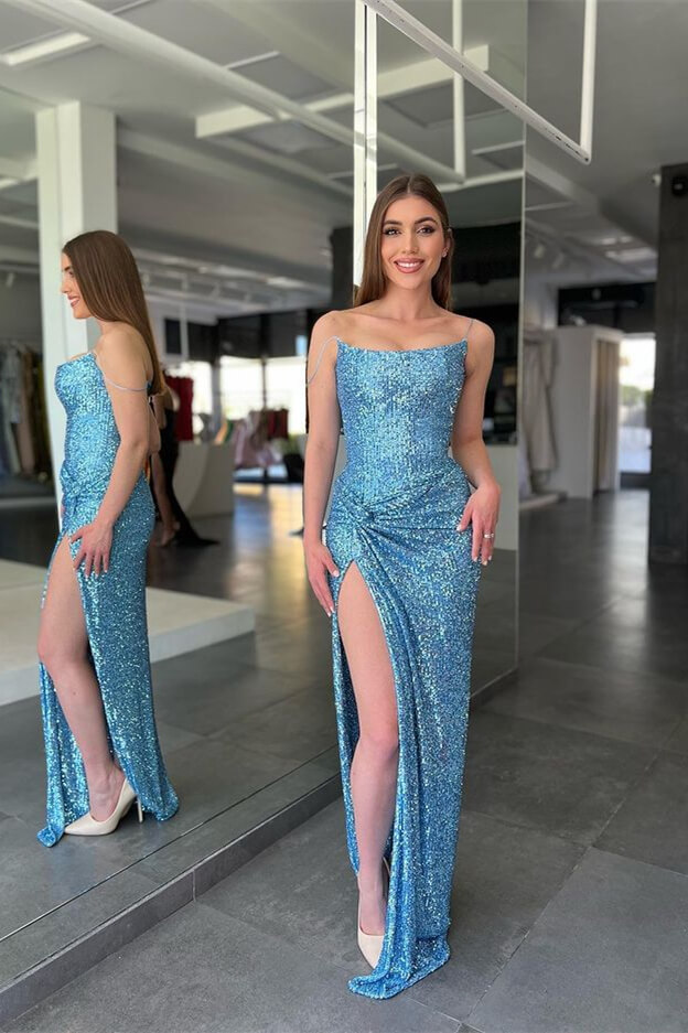 Classy Spaghetti-Straps Sequins Blue Evening Dress Long With Split - lulusllly