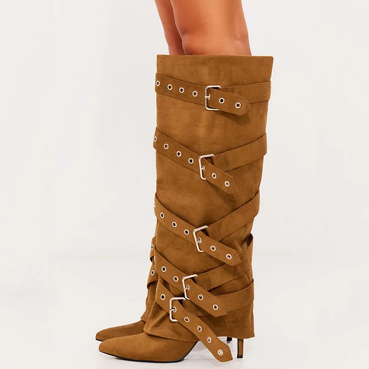 Vegan Suede Pointed Toe Stilettos Buckle Knee Fold-over Boots in Tan |FSJ Shoes